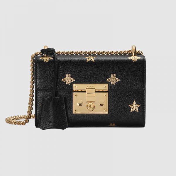 all Shoulder Bag in Leather with Gold Bees and Stars Print-Black