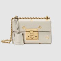 Gucci GG Women Padlock Bee Star Small Shoulder Bag in Leather with Gold Bees and Stars Print-White