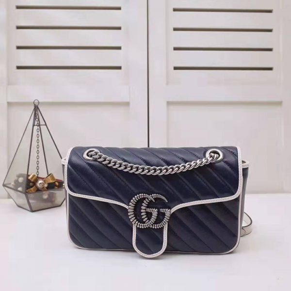 Gucci GG Women GG Marmont Small Shoulder Bag in Blue Diagonal Matelassé Leather (2)