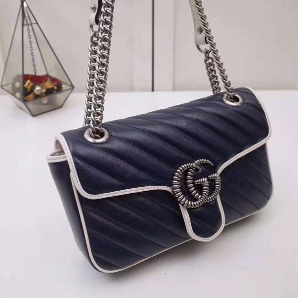 Gucci GG Women GG Marmont Small Shoulder Bag in Blue Diagonal Matelassé Leather (6)