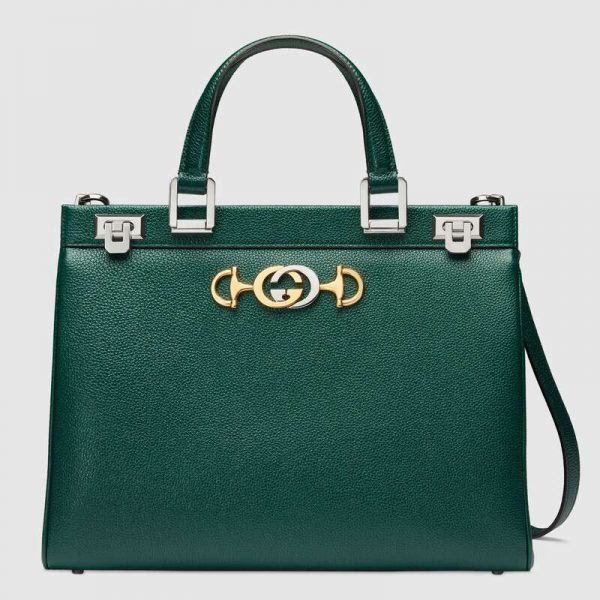 Gucci GG Women Gucci Zumi Grainy Leather Medium Top Handle Bag-Green (1)
