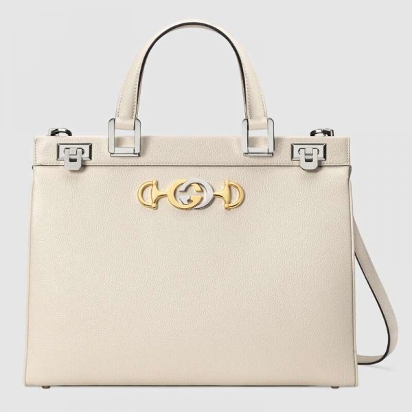Gucci GG Women Gucci Zumi Grainy Leather Medium Top Handle Bag-White (1)