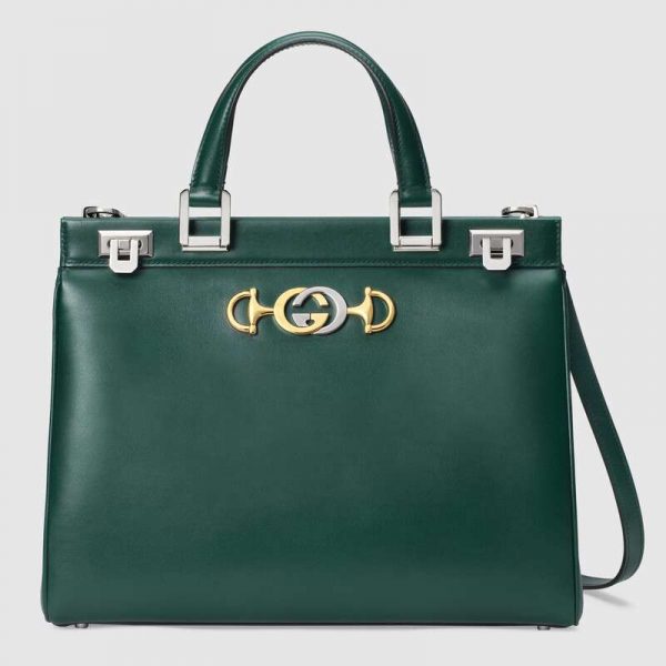 Gucci GG Women Gucci Zumi Smooth Leather Medium Top Handle Bag-Green (1)