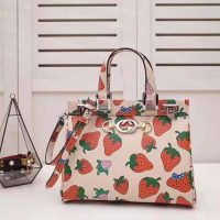 Gucci GG Women Gucci Zumi Strawberry Print Medium Top Handle Bag in Gucci Strawberry Print Ivory Leather (1)