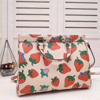 Gucci GG Women Gucci Zumi Strawberry Print Medium Top Handle Bag in Gucci Strawberry Print Ivory Leather (1)