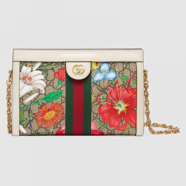 Gucci GG Women Ophidia GG Flora Small Shoulder Bag in GG Supreme Canvas-White