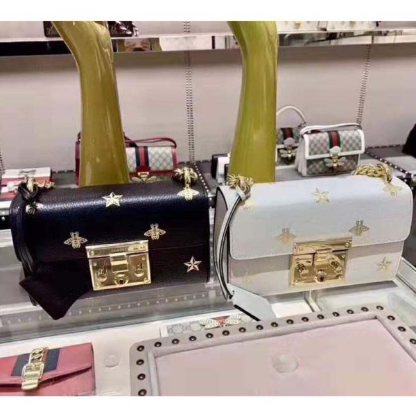 Gucci GG Women Padlock Bee Star Small Shoulder Bag in Leather with Gold Bees and Stars Print