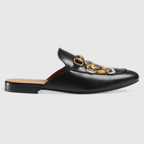 Gucci Men Princetown Embroidered Leather Slipper with Tiger Appliqué 1.27cm Heel-Black (1)