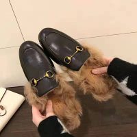 Gucci Women Princetown Leather Slipper with Lamb Wool-Black (1)