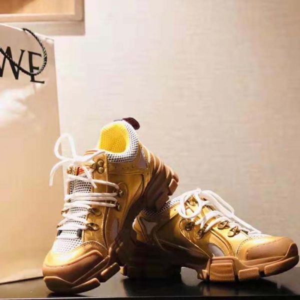 Gucci Unisex Flashtrek Sneaker in Gold Metallic Leather 5.6 cm Heel (8)