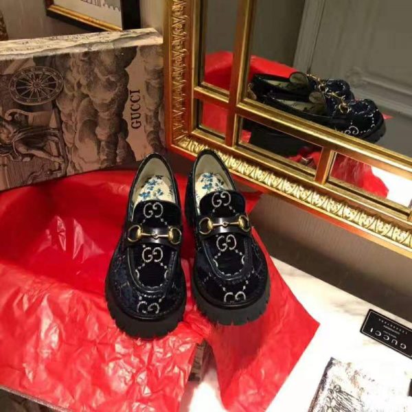 Gucci Women GG Velvet Lug Sole Loafer in GG Velvet 2.5 cm Heel-Navy (10)