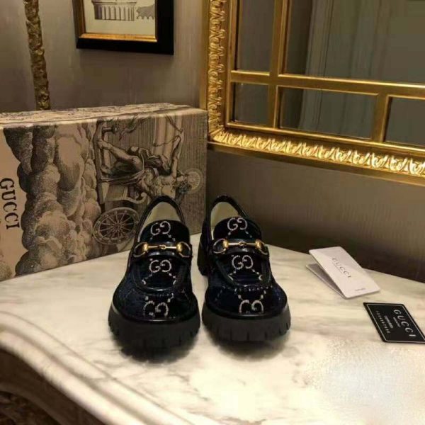 Gucci Women GG Velvet Lug Sole Loafer in GG Velvet 2.5 cm Heel-Navy (2)