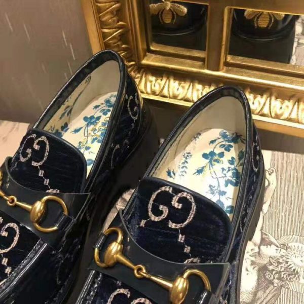 Gucci Women GG Velvet Lug Sole Loafer in GG Velvet 2.5 cm Heel-Navy (5)