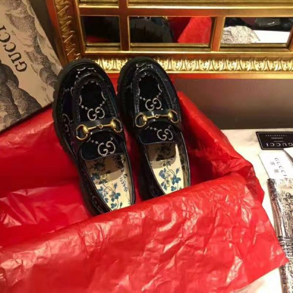 Gucci Women GG Velvet Lug Sole Loafer in GG Velvet 2.5 cm Heel-Navy (9)