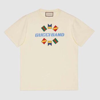 Gucci Women Gucci Band Oversize Print T-Shirt in White Cotton Jersey