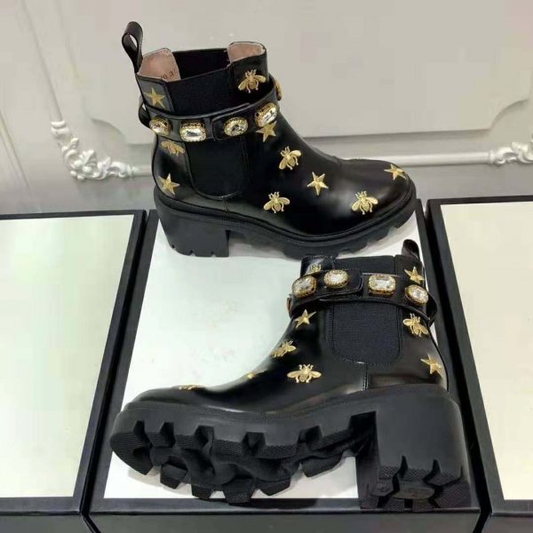Gucci Women Gucci Embroidered Leather Ankle Boot with Belt in Black leather 6 cm Heel (10)