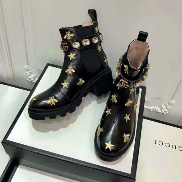 Gucci Women Gucci Embroidered Leather Ankle Boot with Belt in Black leather 6 cm Heel (6)