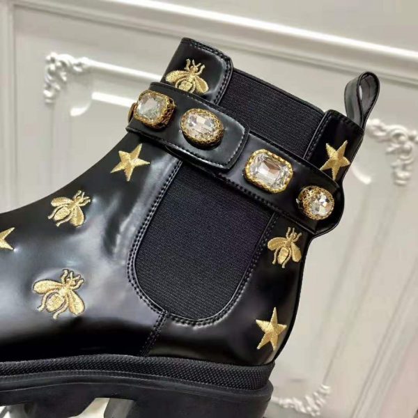 Gucci Women Gucci Embroidered Leather Ankle Boot with Belt in Black leather 6 cm Heel (7)