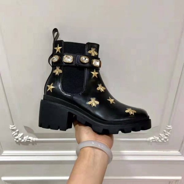 Gucci Women Gucci Embroidered Leather Ankle Boot with Belt in Black leather 6 cm Heel (8)