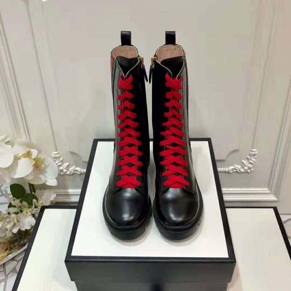 Gucci Women Gucci Leather Ankle Boot with Web in Black Shiny Leather 4.8 cm Heel (2)