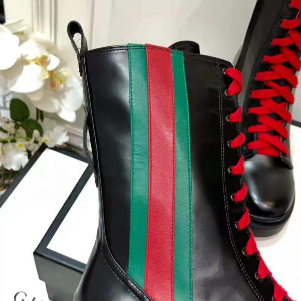 Gucci Women Gucci Leather Ankle Boot with Web in Black Shiny Leather 4.8 cm Heel (9)