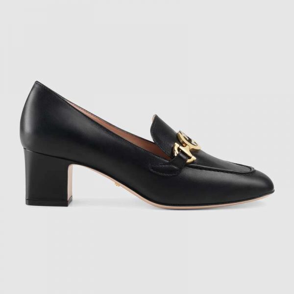 Gucci Women Gucci Zumi Leather Mid-Heel Loafer with Interlocking G Horsebit in 5.6 cm Height-Black (1)