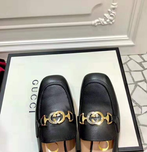 Gucci Women Gucci Zumi Leather Mid-Heel Loafer with Interlocking G Horsebit in 5.6 cm Height-Black (5)