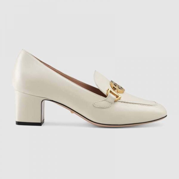 Gucci Women Gucci Zumi Leather Mid-Heel Loafer with Interlocking G Horsebit in 5.6 cm Height-White (1)