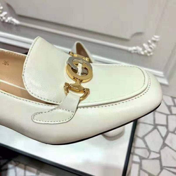 Gucci Women Gucci Zumi Leather Mid-Heel Loafer with Interlocking G Horsebit in 5.6 cm Height-White (9)