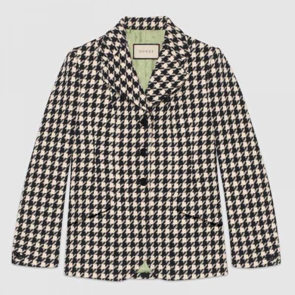 Gucci Women Houndstooth Fitted Jacket in Wool and Cotton-Black (1)