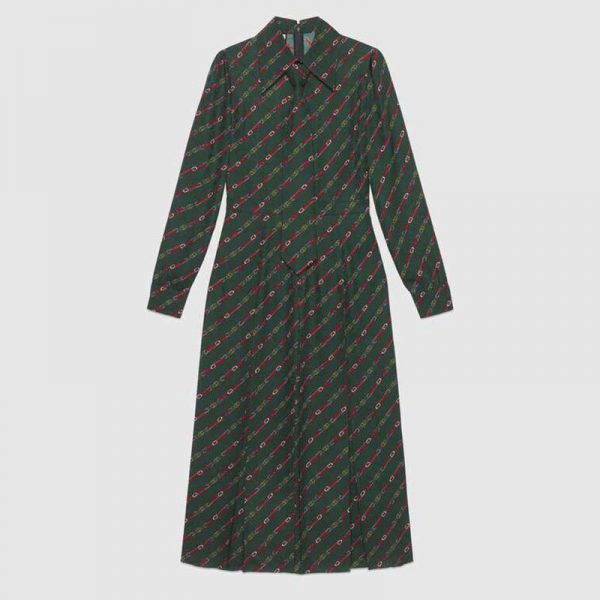 Gucci Women Interlocking G and Belts Print Dress in 100% Silk-Green (1)