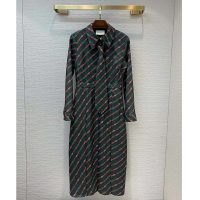 Gucci Women Interlocking G and Belts Print Dress in 100% Silk-Green (1)