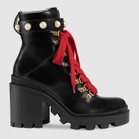 Gucci Women Leather Ankle Boot with Red Laces in Black Shiny Leather (1)