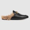Gucci Women Princetown Leather Slipper with Lamb Wool-Black