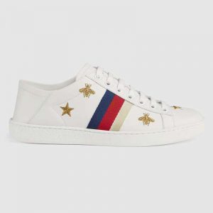 Gucci Women's Ace Embroidered Sneaker in White Leather with Bees and Stars