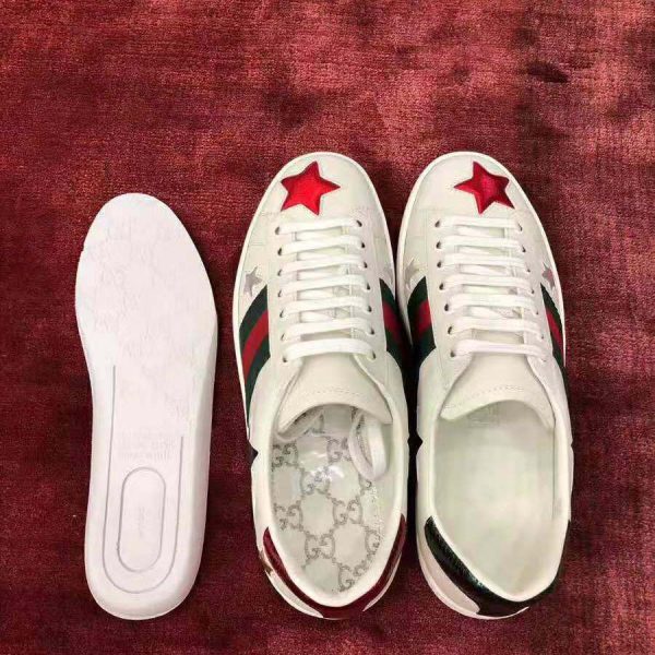 Gucci Women’s Ace Embroidered Sneaker in White Leather with Inlaid Multicolor Stars (10)
