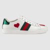 Gucci Women's Ace Embroidered Sneaker with Two Leather Hearts in Rubber Sole-White