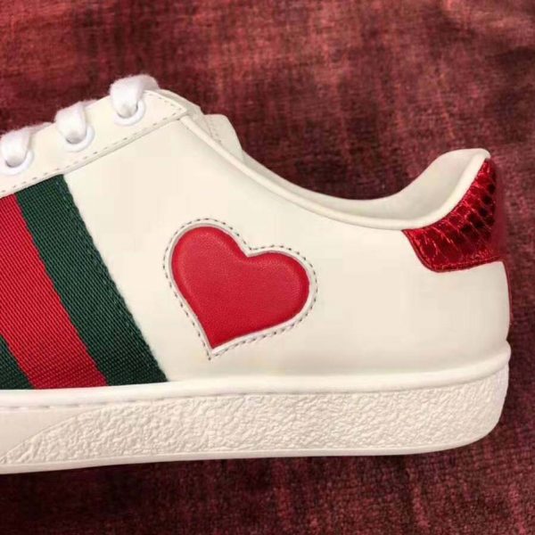 Gucci Women’s Ace Embroidered Sneaker with Two Leather Hearts in Rubber Sole-White (4)