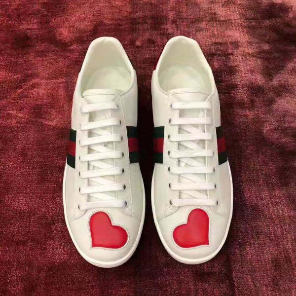 Gucci Women’s Ace Embroidered Sneaker with Two Leather Hearts in Rubber Sole-White (8)