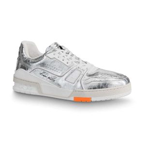 Louis Vuitton LV Men LV Trainer Sneaker in Metallic Silver Leather with Louis Vuitton Script Signature