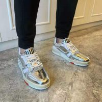 Louis Vuitton LV Men LV Trainer Sneaker in Metallic Silver Leather with Louis Vuitton Script Signature (1)