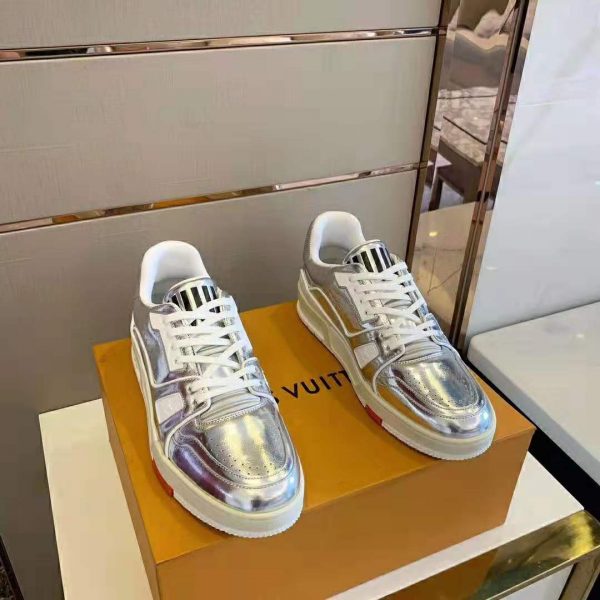 Louis Vuitton LV Men LV Trainer Sneaker in Metallic Silver Leather with Louis Vuitton Script Signature (5)