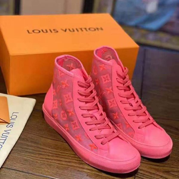 Louis Vuitton LV Unisex Tattoo Sneaker Boot in Damier Tartan Canvas with Monogram Embroidery-Pink (2)