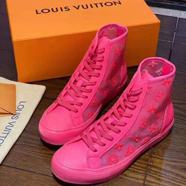 Louis Vuitton LV Unisex Tattoo Sneaker Boot in Damier Tartan Canvas with Monogram Embroidery-Pink (3)
