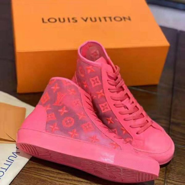 Louis Vuitton LV Unisex Tattoo Sneaker Boot in Damier Tartan Canvas with Monogram Embroidery-Pink (4)