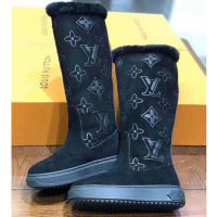 Louis Vuitton LV Women Breezy Half Boot in Black Suede Calf Leather with Monogram Canvas-Black (8)