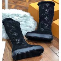 Louis Vuitton LV Women Breezy Half Boot in Black Suede Calf Leather with Monogram Canvas-Black (8)