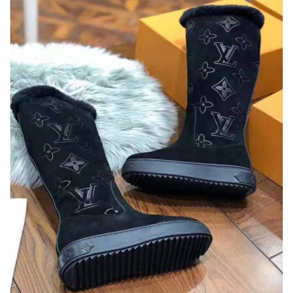 Louis Vuitton LV Women Breezy Half Boot in Black Suede Calf Leather with Monogram Canvas-Black (4)