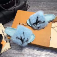 Louis Vuitton LV Women Furry Sandals in Mink Hair Leather-Blue (9)