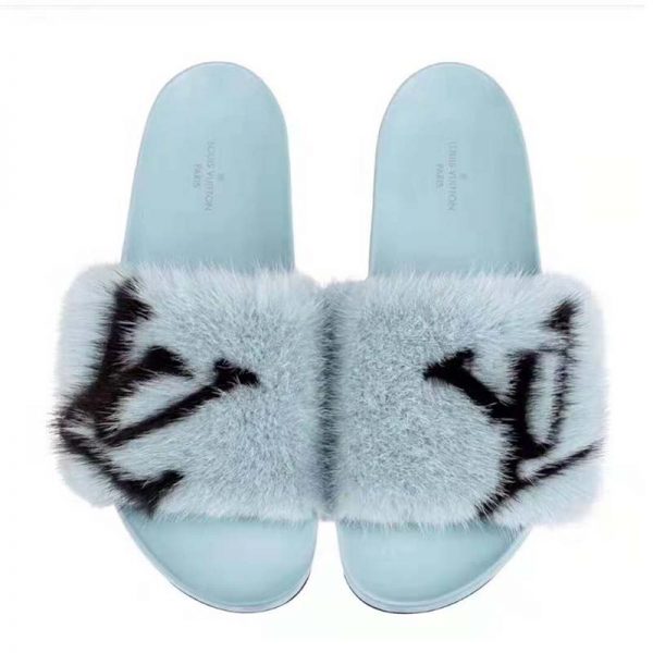 Louis Vuitton LV Women Furry Sandals in Mink Hair Leather-Blue (9)